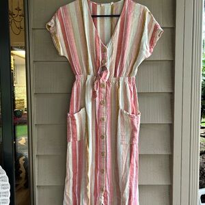 Lush Pink and Gold Striped Fabric linen rayon blend. Button front